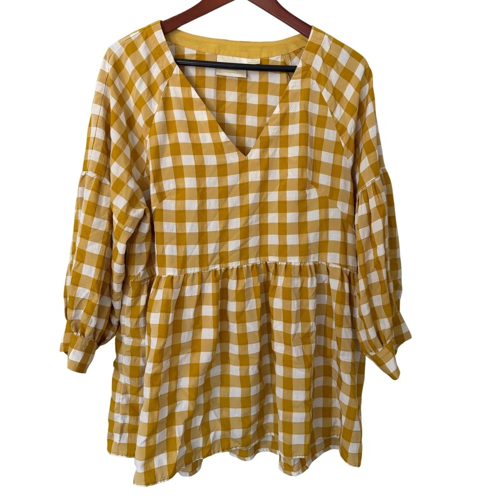 Maeve by Anthropologie Mustard Yellow Gingham Check Babydoll Blouse Medium